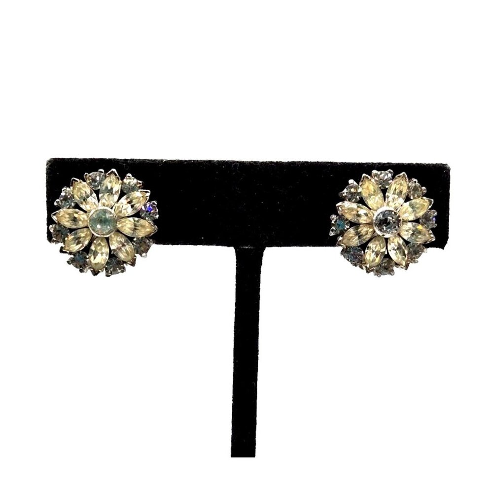 Vintage Joseph Mazer JOMAZ Signed Glam Style Floral Rhinestone Clip Earrings